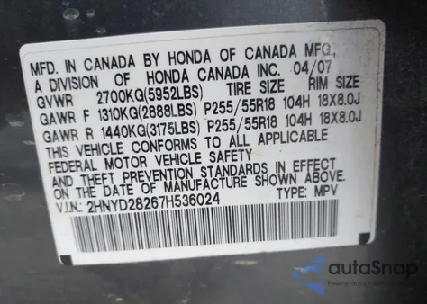2007 Acura Mdx from USA, damaged, VIN 2HNYD28267H536024